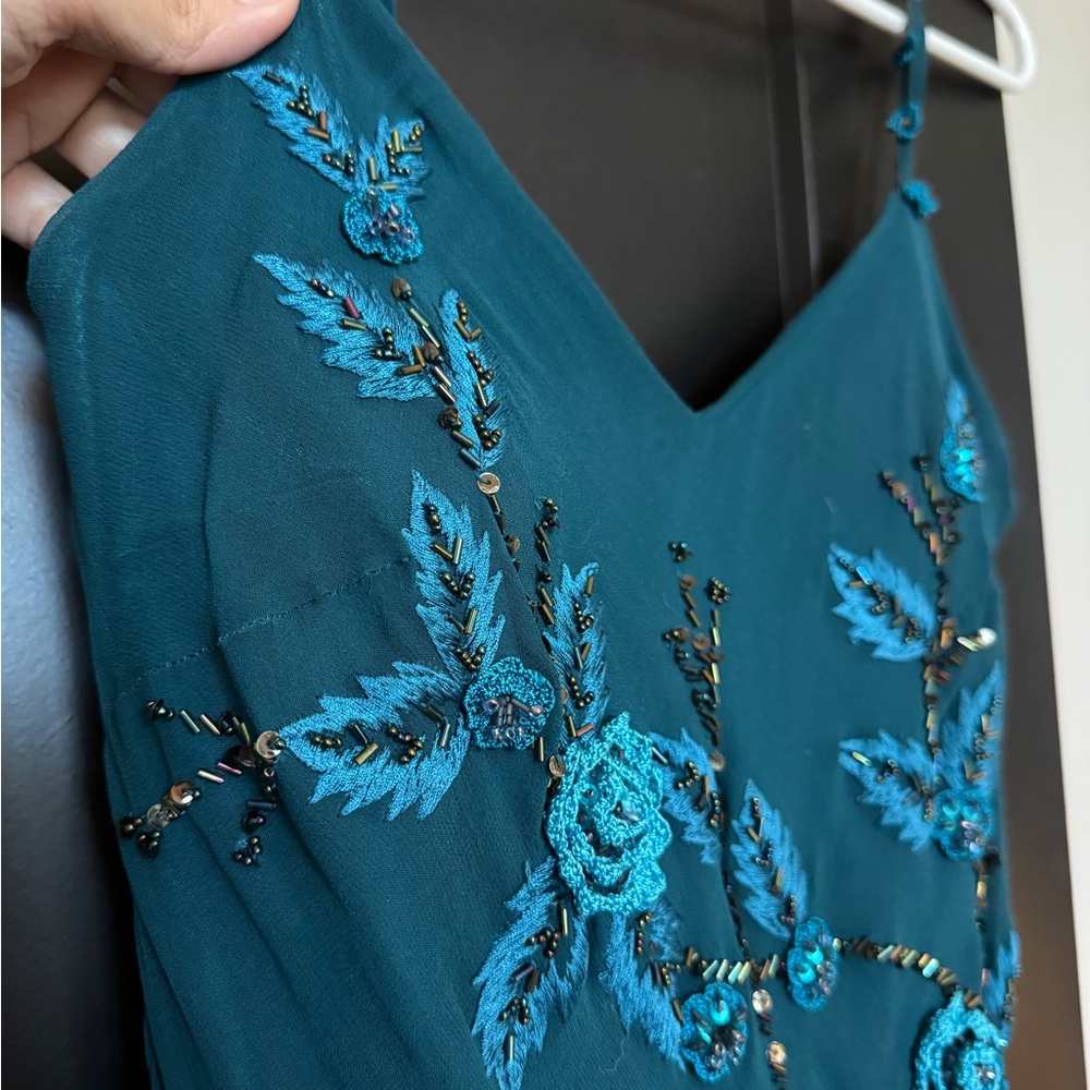 Cache Teal Asymmetrical Dress with Floral Sequin Design - STUNNING - Picture 3 of 7